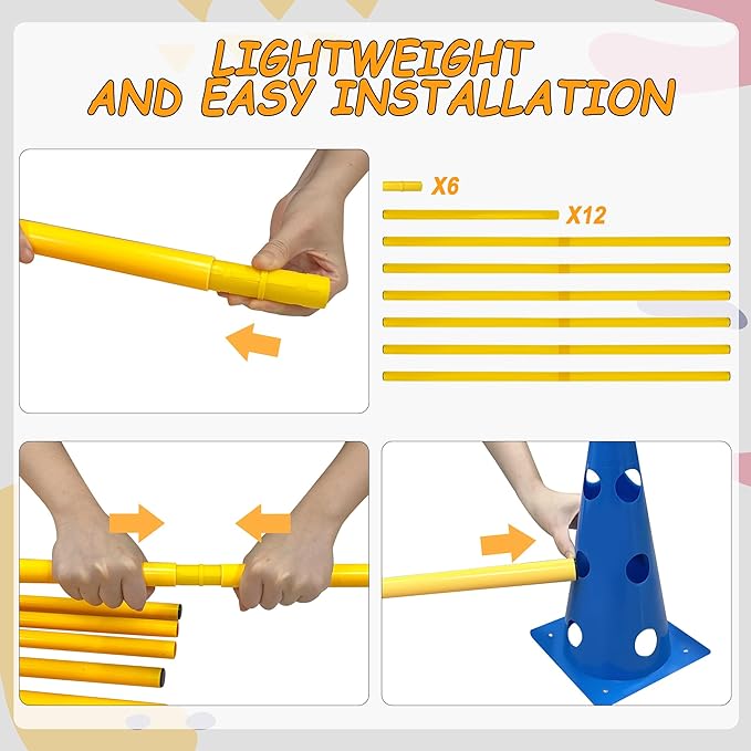 Dog Agility Hurdle Cone Set, Dog Agility Set Include 12 Agility Cones 6 Agility Rods, Dog Agility Equipment with Carry Bag(Blue+Orange)