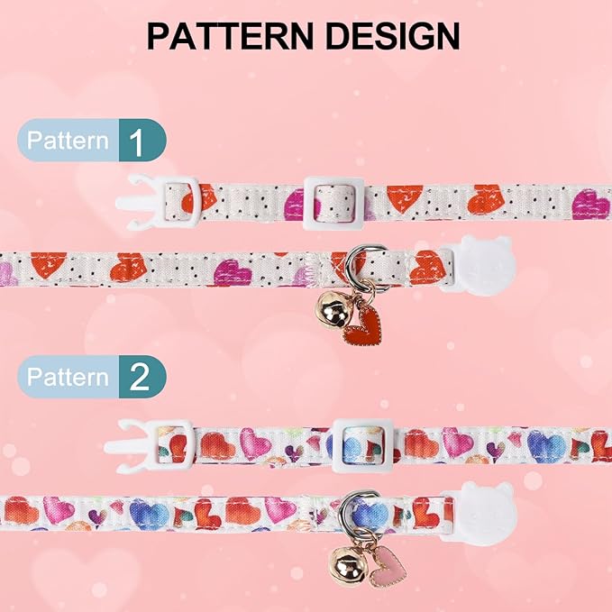 Lionet Paws 2pcs Pack Valentine's Day Cotton Cat Collar,White Breakaway Buckle with Colorful Pink Heart Cute Adjustable Cat Kitten Collar,Ideal for Girl Cats