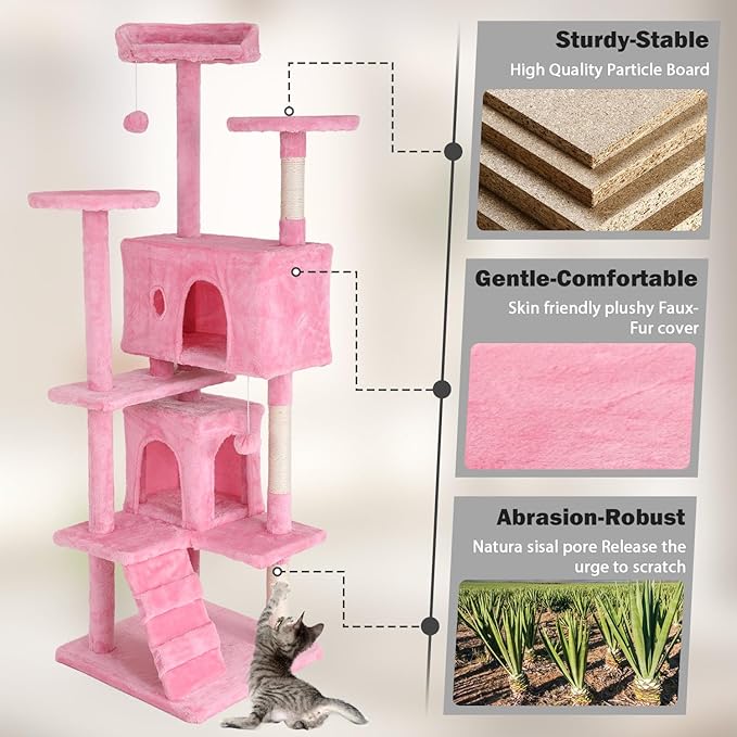 Heavy Duty Cat Tree Tower, 70" Tall Cat Tower for Indoor Cats with Cat Scratching Post with Bed, Cat Condo, Hanging Ball, Multi-Level Cat Climbing Tower Cat Trees Furniture Activity Center, Pink