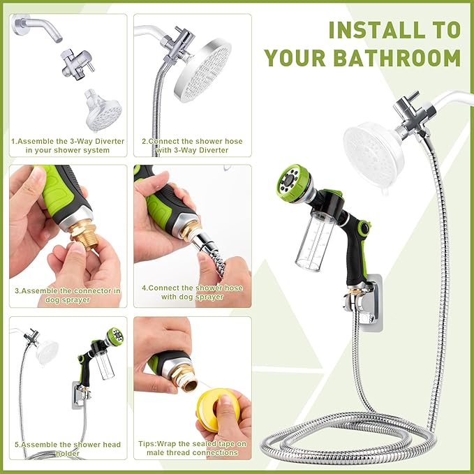 Dog Washing Hose Attachment - Dog Shower Attachment with 3-Way Diverter and 6.56FT Shower Hose, 8-in-1 Water Nozzle Soap Sprayer for Pet Bathing and Garden Nozzle, Pet Grooming Glove
