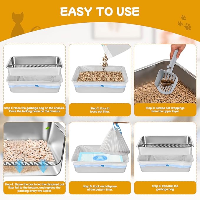 23.6''x15.7''x6'' Stainless Steel Sifting Litter Box, XL Large Metal Sifting Cat Litter Box for Pine Pellets, Litter Pan Tray System for Indoor Cats with Scoop and Pee Pad, Easy to Clean(6 Inch)