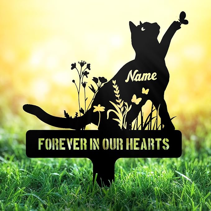 Personalized Cat Memorial Garden Stake – Custom Pet Grave Marker Outdoor, Metal Headstone, Cat Remembrance Plaque, Graveside or Yard Sympathy Sign Decor, Pet Loss Gifts