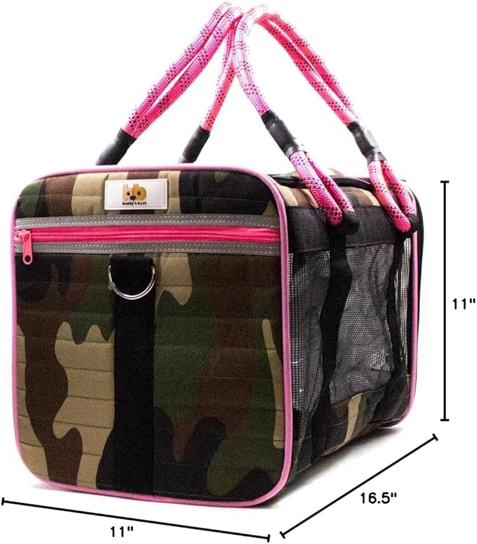 Buddy's Best Airline Approved Pet Carrier – Army Camo & Pink Heavy Duty, Fits Under Seat, TSA Compliant, Ventilated Mesh Design w/Waterproof Base & Reflective Safety Strips