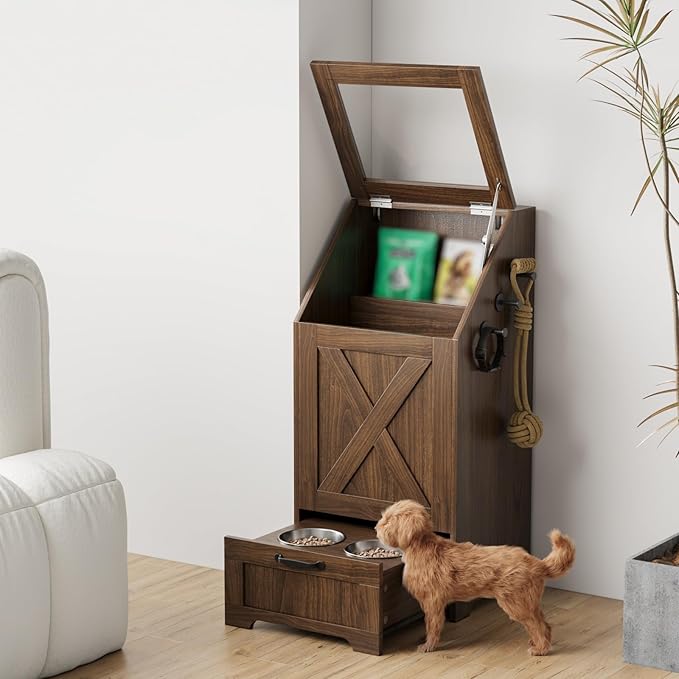 Dog Feeding Station with Storage Cabinet and 2 Elevated Dog Bowls, Hidden Pet Food Storage Organizer for Dog &Cat,Modern Dogs Furniture (Walnut)