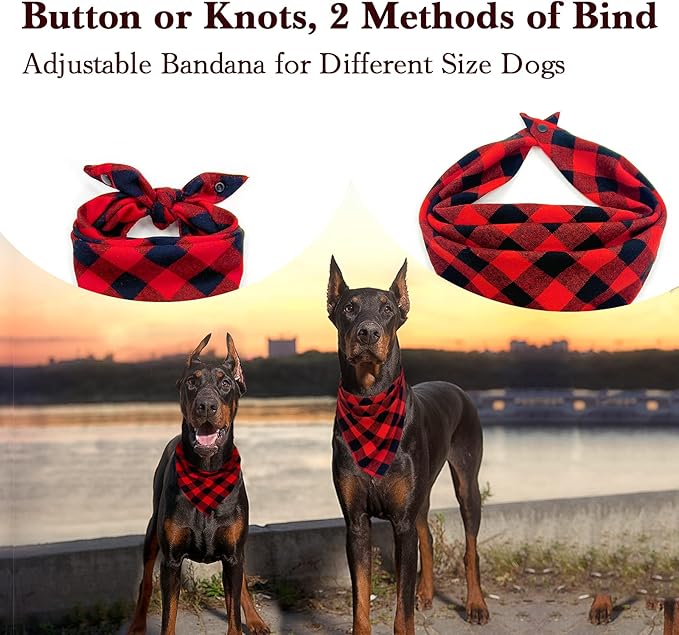 Christmas Plaid Dog Bandana with Button, Fall Dual Layer Scarf Soft Cotton Triangle Bib Girls and Boys Kerchief Adjustable Accessories for Small Medium Large Extra Large Dog Puppy Pet Cat