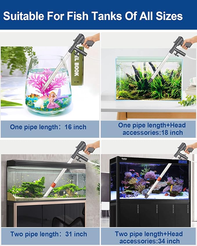 QZQ Aquarium Gravel Cleaner [2026 Edition] Vacuum Fish Tank Vacuum Cleaner Tools for Aquarium Water Changer with Aquarium Thermometers Fish Net kit Use for Fish Tank Cleaning Gravel and Sand