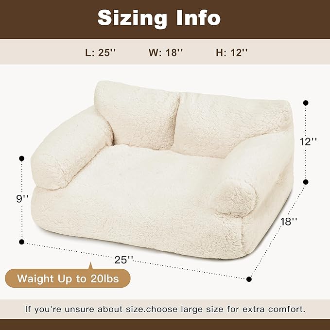 Large Cat Beds for Indoor Cats, Dog Couch Bed, Cute Cat Couch Sofas for Less 20lbs Kitten Puppy, Small Dog Sofas & Chairs with Removable Washable Cover, Soft Warm Pet Furniture, Cream