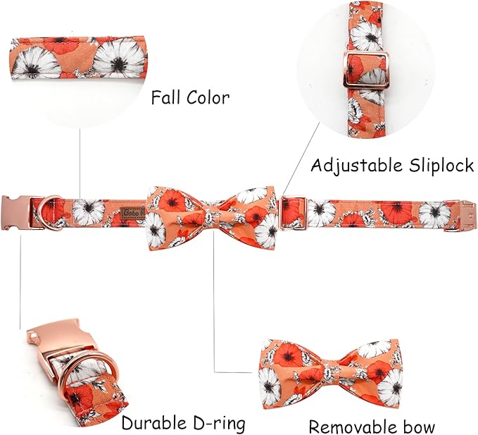 Fall Dog Collar, Pet Collar Bow Floral Pet Collar Girl Boy Holiday Pet Collars Gift Bow Cute Soft Puppy Collars for Medium