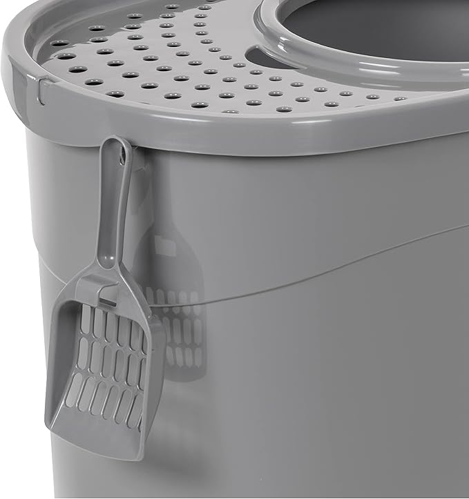 Amazon Basics Large Cat Litter Box with High Sides, Top Entry, Odor Control, Includes Scoop, 20.5 x 14.75 x 14.38 inches, Grey