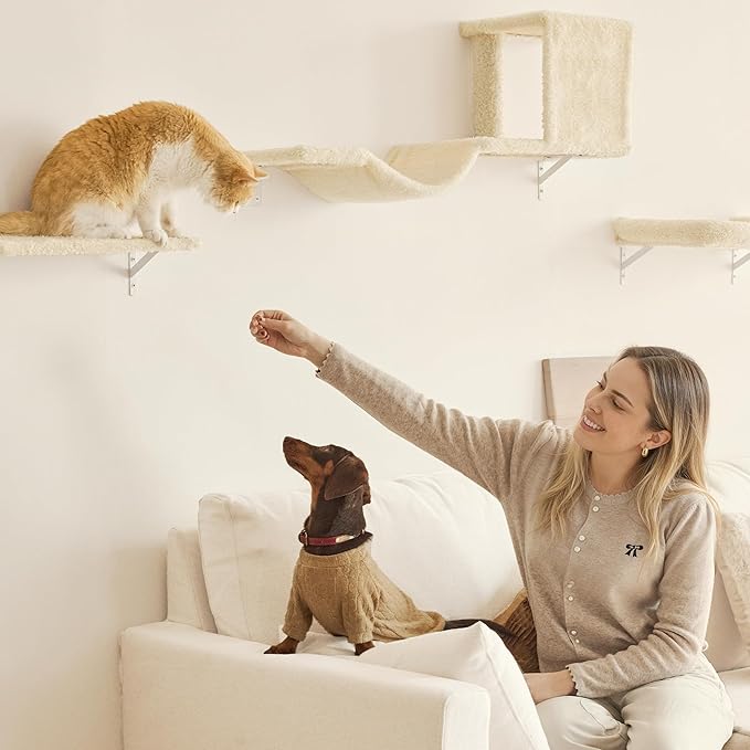 FUKUMARU Cat Wall Shelves, Stable & Safe 4 in 1 Large Cat Walls Furniture Set, Wooden Kitten Climbing Wall with Scratching Post for 16 Inch Drywall - Beige