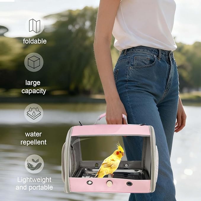 Long Tail Bird Travel Carrier Cage with Tray and Stand Perch, Portable Lightweight Clear Windows Carry Bag for Parakeet Budgies Cockatiel Transport to Vet (Pink, Cylinder Design - Clear)
