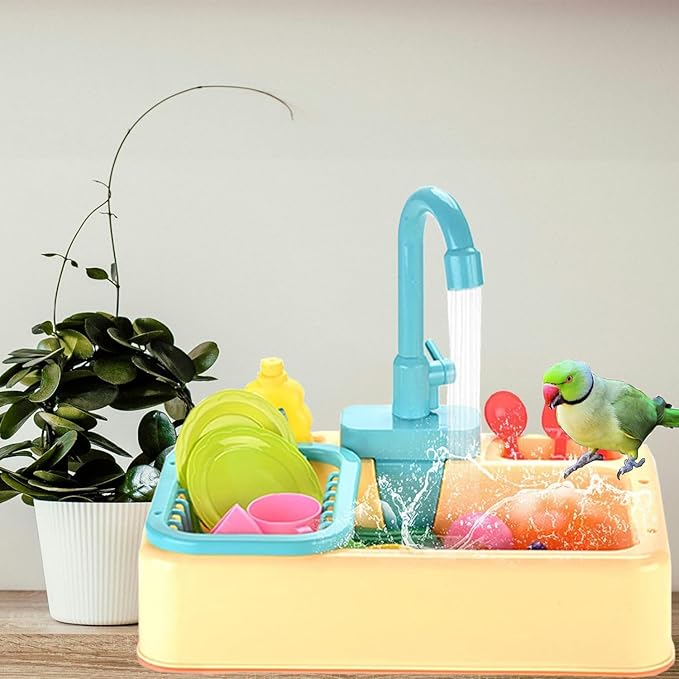 Parrot Bird Bathtub Shower Box Bathing Tub Container Cage, Automatic Pet Bird Bath with Faucet, Ferret Bathtub Swimming Pool Bath Shower Water Dispenser for Small Medium Parakeet Cleaning (Yellow)