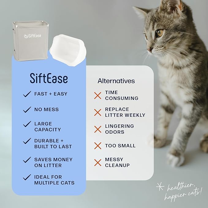 Cat Litter Sifter - SiftEase Sifting Litter Box Cleaner, Fast & Easy Scoop Free Cleaning, Large Sifter with Bin for Longer Lasting Litter (Pink)