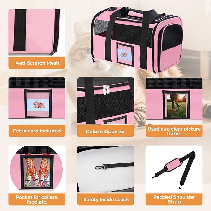 Soft Cat Carrier for Pets Up to 15 lbs, TSA Approved for Airline in-Cabin, Cat Travel Bag with Detachable Cat Food Bowl, Pet Carriers for Small Dogs, Waterproof Travel Puppy Carry, Pink