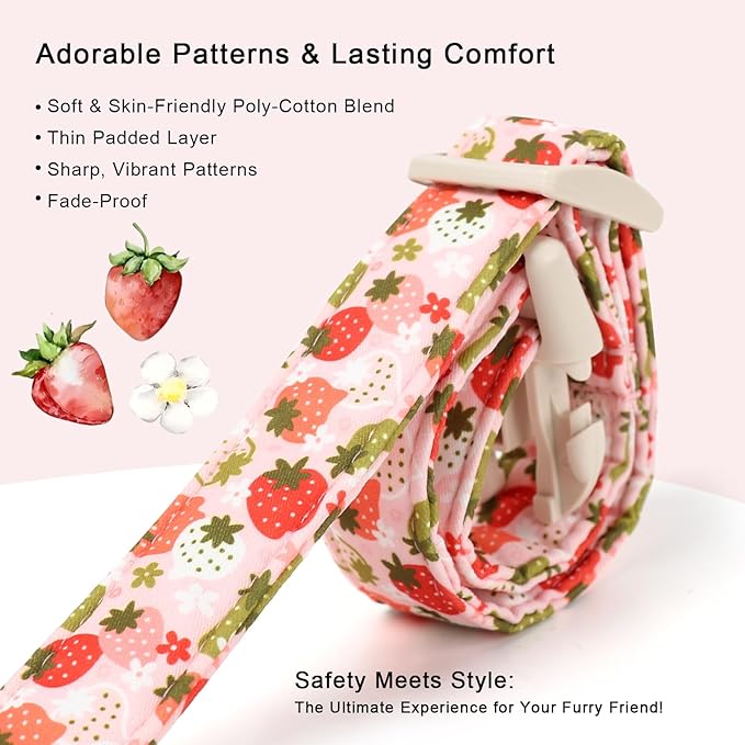 Strawberry Dog Collar for Small Dogs - Cute Spring Pink Dog Collars, Summer Pastel Puppy Collars, Soft Adjustable Boy Girl Dogs Collar with Quick-Release Buckle S