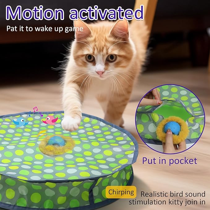 Interactive Cat Toys Ball Fast Rolling in Pouch, Motion Activate Chirping Cat Toy Hide and Seek Mouse Catching Game (Green Polka dot)