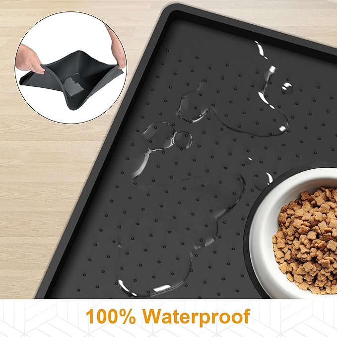 Mofason Pet Food Mat Waterproof Dog Mat 24”x16” Large – 0.5” inch Raised Edge,Cat Silicone Feeding Placemat Water Bowl Tray for Floors, Nonslip Washable Dog Mat for Food and Water