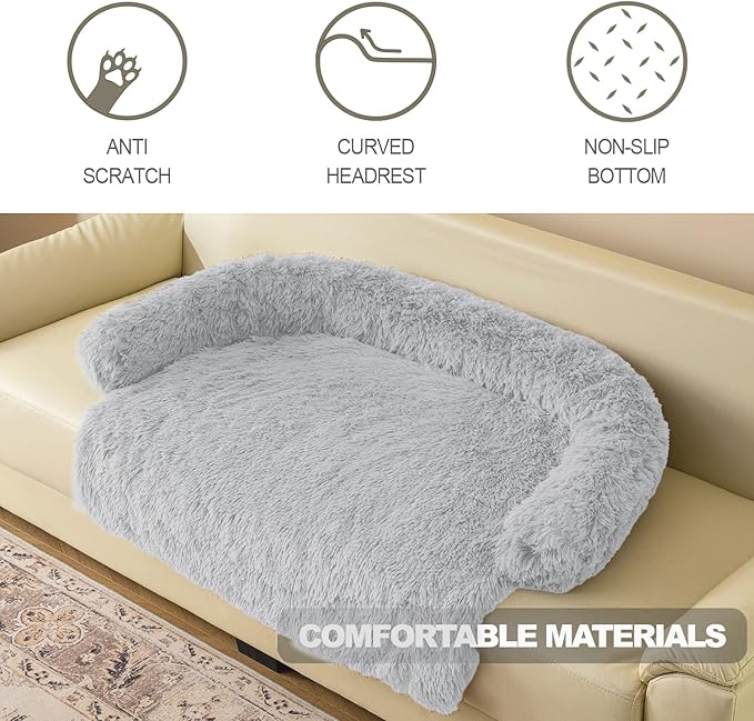 Calming Dogs/Cats Bed Mats, Dog Pad Washable Removable Couch Cover, Plush Long Fur Mat for Pets, Waterproof Lining, Perfect for Small, Medium and Large Dogs and Cats (Light Gray, 36"x31")
