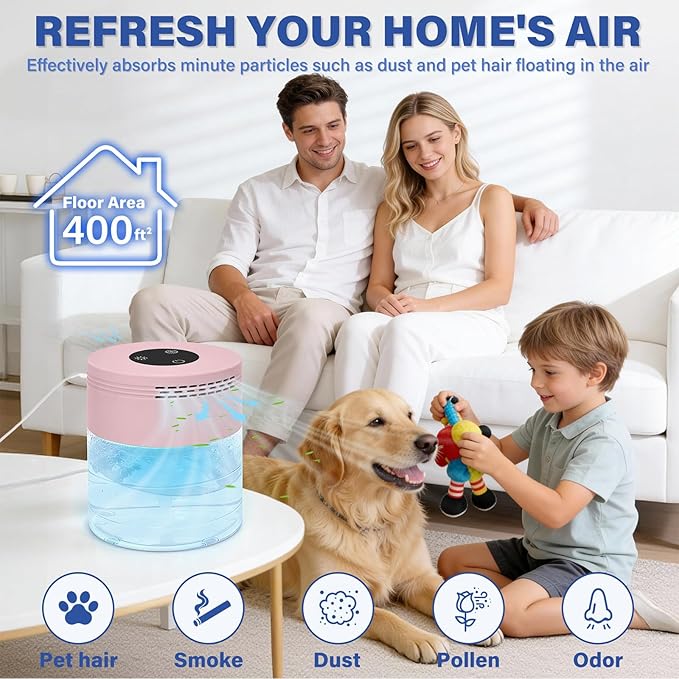 Water Air Purifiers for Home, Air Washer Purifier & Essential Oil Diffuser for Bedroom, Office, Living Room, Water Based Air Purifier with 24H Auto Shut-off, 3-Speed Modes, Touchscreen for Pets, Pink