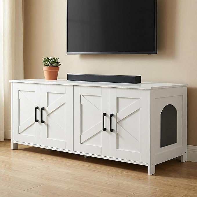 Homhedy Cat Litter Box Enclosure For 2 cats, Litter Box Furniture Hidden with Double Room,Wooden Cat Washroom Furniture,Cat House,47.2”L x 19.7”W x 19.7”H,White