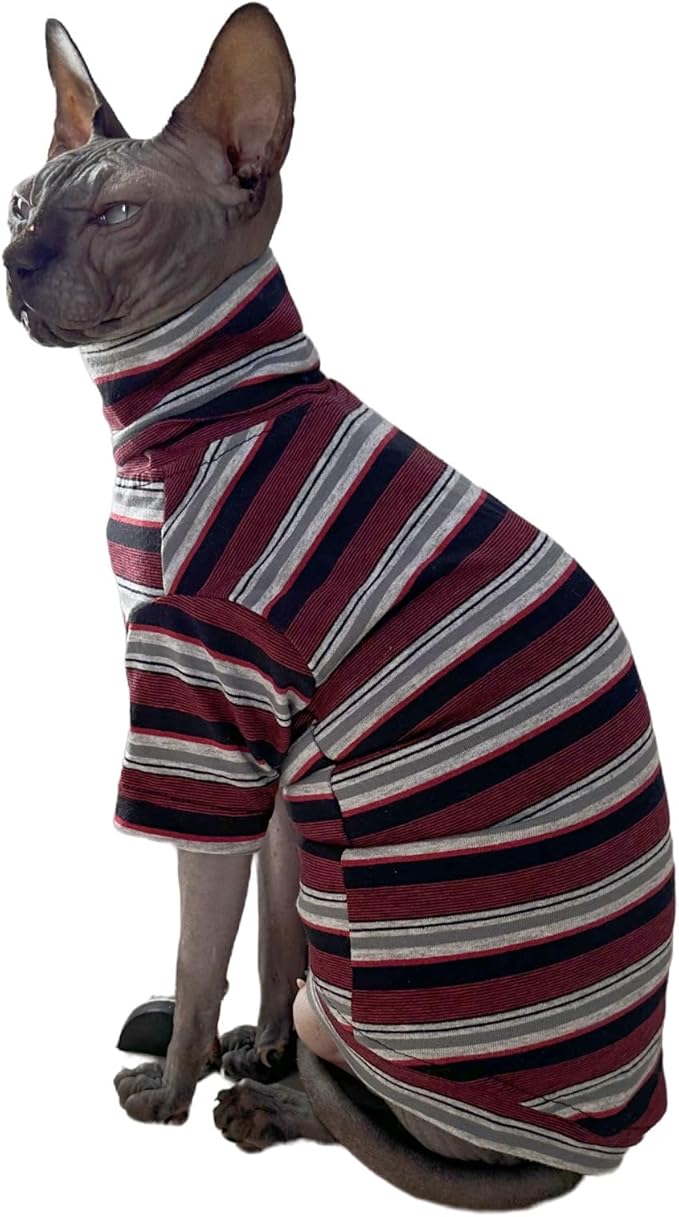 Vintage Stripes Sphynx Hairless Cats Shirt Cotton Cat Turtleneck Pet Clothes Kitten T-Shirts with Sleeves for Sphynx Cats (Old School, Small)