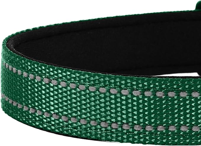 Reflective Dog Collar, Adjustable Soft Neoprene Padded Nylon Pet Collars with Buckle for Large Dogs, Dark Green,L