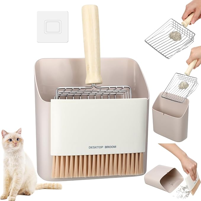 Cat Litter Scooper Kit Wooden Handle Metal Cat Litter Scoop Includes Small Broom and Dustpan Set Portable Cleaning Brush and Dustpan Combo Kitty Litter Scooper(Coarse Grid,Gray)
