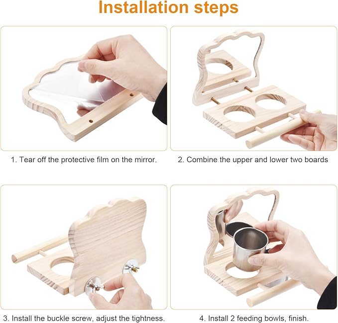 Feeder with Acrylic Mirror & Stainless Steel Bowls, Natural Wood Perch, Cage Accessories, Parakeet Cage Accessories, Tool-Free Adjustable Supplies for Parakeet Cockatiel Lovebird