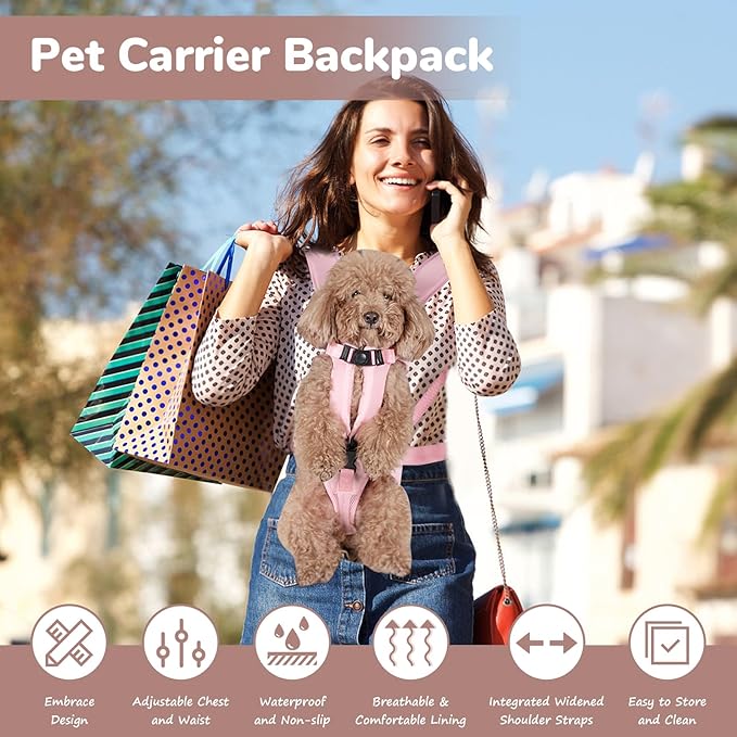 Pet Carrier Backpack, Adjustable Front Dog Carrier, Legs Out Dog Chest Carrier, Dog Back Pack for Small Medium Dogs Cats Puppies and Rabbits Hiking Camping (Pink, Large)