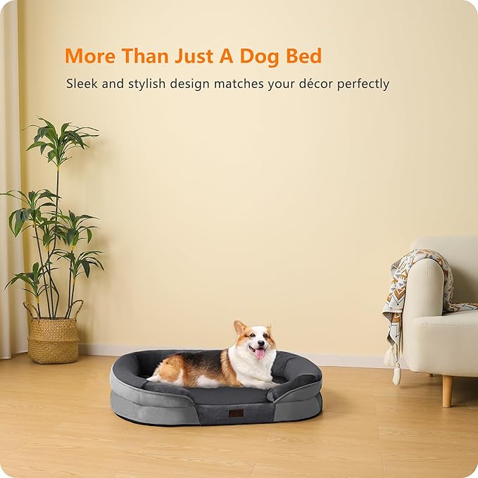 Dwanton Orthopedic Dog Bed for Medium Dogs with Gel Memory Foam, Waterproof Dog Sofa, Washable Pet Bed with Four Sided Bolster Cushion, Removable Cover & Non-Slip Bottom, 35", Dark Gray
