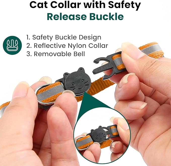 Cat Collar with AirTag Holders, 3-Pack, Reflective Breakaway Safety Collars, Bells and Matching Charms, Adjustable, Paw Hearts, Moon Stars Design, Lucky Charm, Red, Blue, Black (Orange)