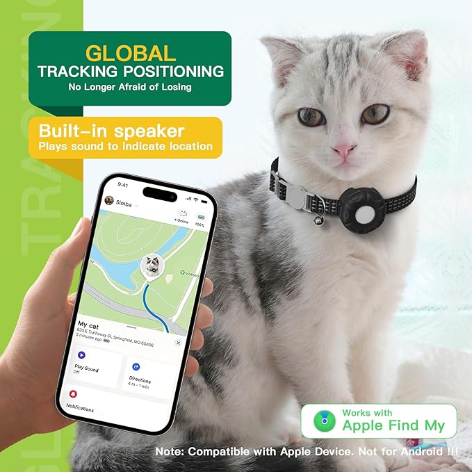 Cat GPS Tracker, Waterproof, Pet Tracker for Cats, Works with Any Collar,Compatible with Apple Find My App (Only iOS), No Monthly Fee, Black