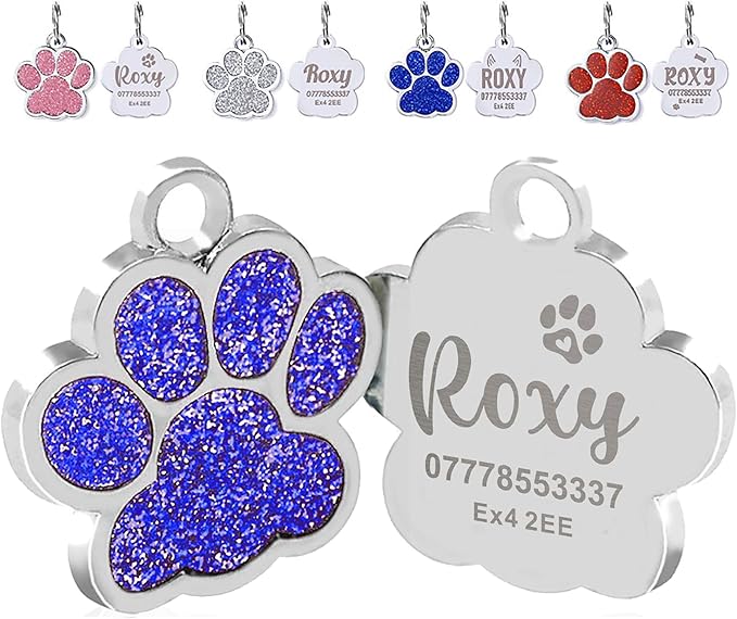EDSG Cat Dog Tags Personalized for Pets, Dog Name Tags Cat Name ID Tag, Engraved Dog Tags Dog ID Tags Small Glitter Bling ID Tag Paw Print for Cat Pet Dog Puppy(Blue,Design 4)