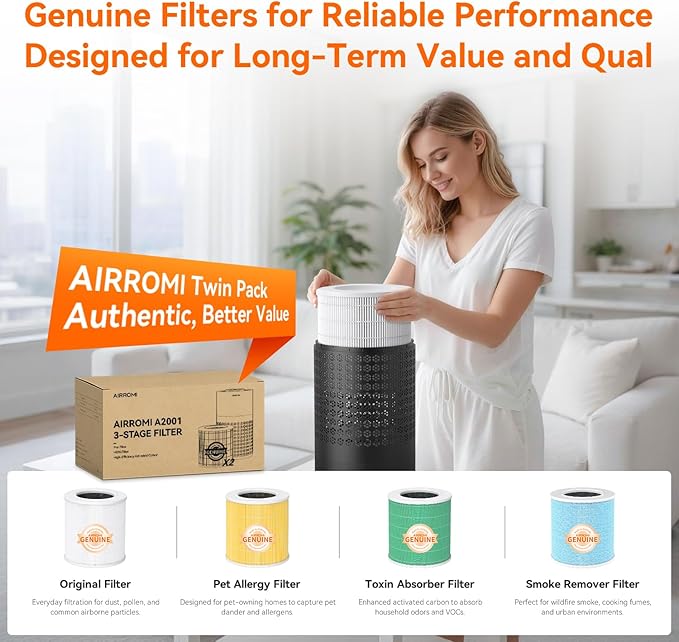 AIRROMI Air Purifier for Bedroom with HEPA 3-in-1 Filter, Pet Air Purifier for Home Cat Pee Smell, Covers Upto 990 Ft², Quiet 360°intake Air Cleaner for pet hair,allergies,Dust,Smoke A2001 Black