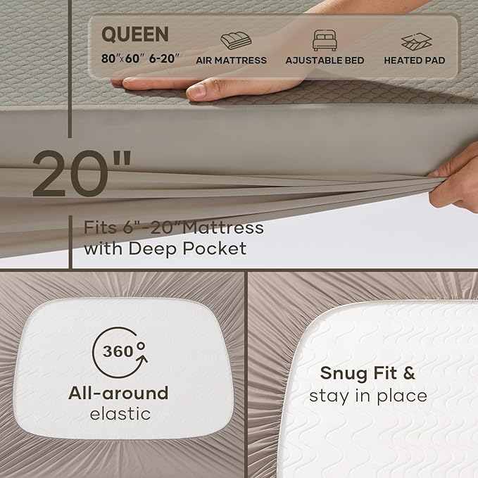 OhGeni 100% Waterproof Mattress Protector,Queen Size Mattress Soft Pad,Pet Hair & Bedwetting Resistant,Cooling Breathable Fitted Sheets,Washable Bed Cover,Non-Slip Deep Pocket,Noiseless,Brown