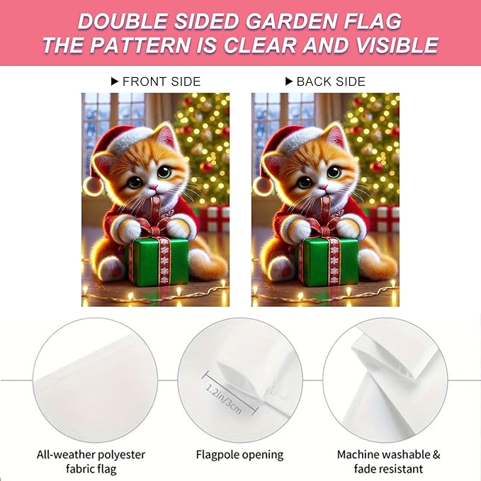 Christmas Garden Flag 12x18 Inch Cute Kitten Gift Flag Double Sided Holiday Cat Banner Outdoor Pet Yard Decoration for Porch Tree Lighting Display