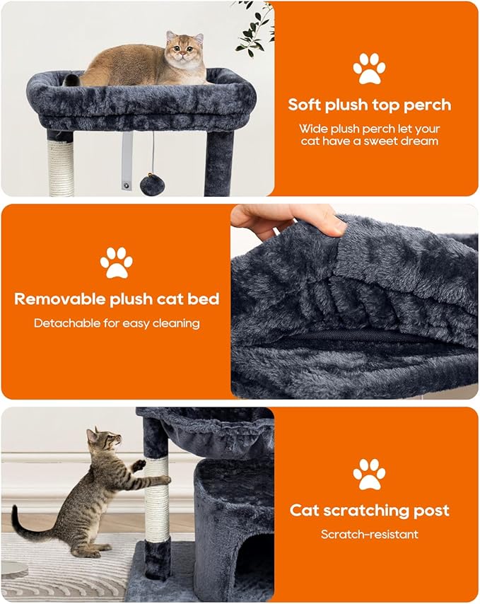 SYANDLVY Small Cat Tree for Indoor Cats, Cat Tower with Scratching Post, Modern Cat House with Padded Perch, Kittens Condo with Cradle, Smoky