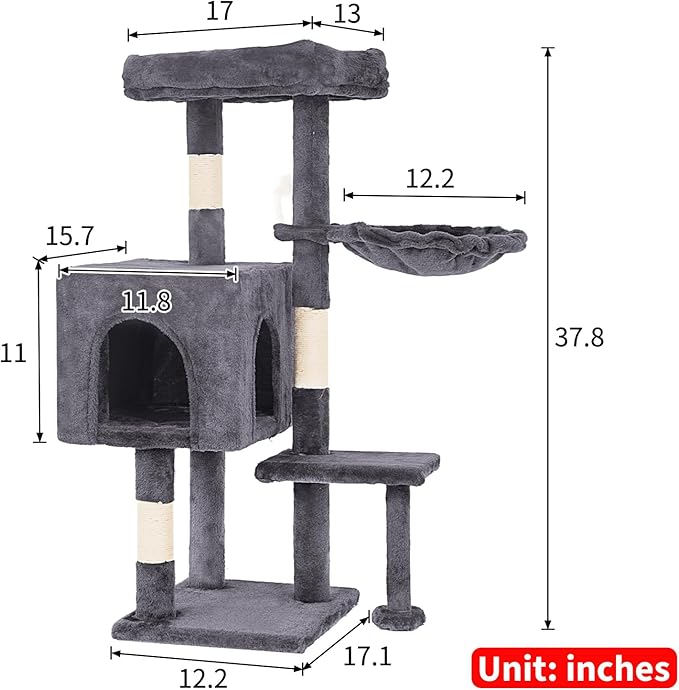 FDW | 37.8" Cat Tree Tower | Light Gray | Multi-Level Indoor Activity Center with Sisal Scratching Posts, Condos, Plush Perches, Hanging Cat Toys | Sturdy, Easy to Assemble | for Kittens & Adult Cats
