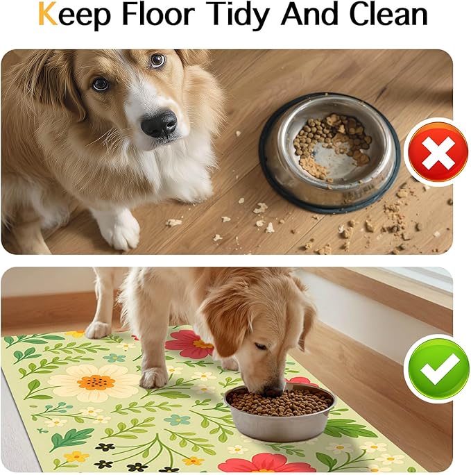 Absorbent Pet Feeding Mat Floral Design for Dogs and Cats Food Water Bowl Mat Easy to Clean Pet Food Mat for Kitchen Area Home Decor 24 x 16 Inches Anti Slip Dog Bowl Mat Pet Placemat