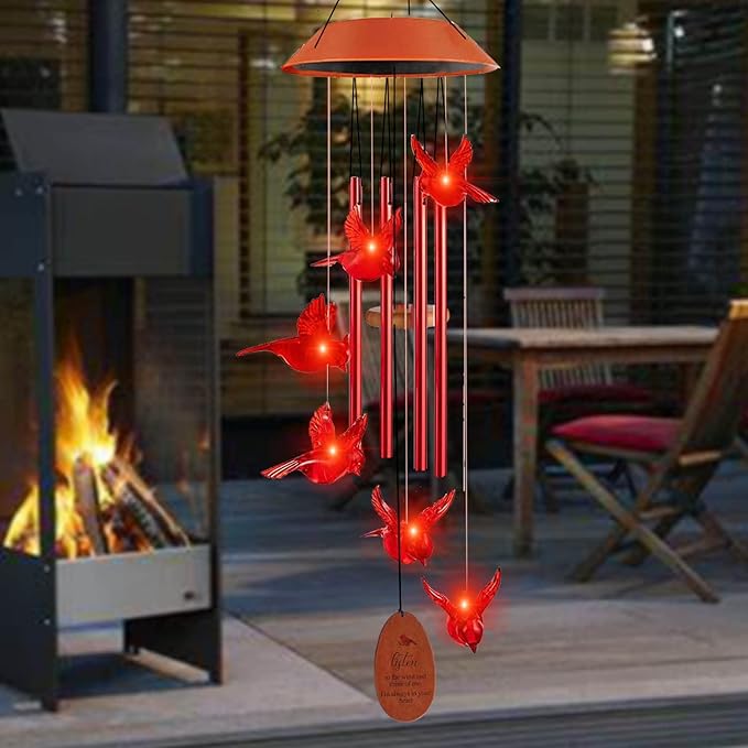 Cardinal Solar Wind Chimes Outdoor, Cardinal Bird Wind Chime Light with 4 Red Metal Tube, Cardinal Gifts for Women Mom Grandma, Birthday Gifts Memorial Sympathy Gift