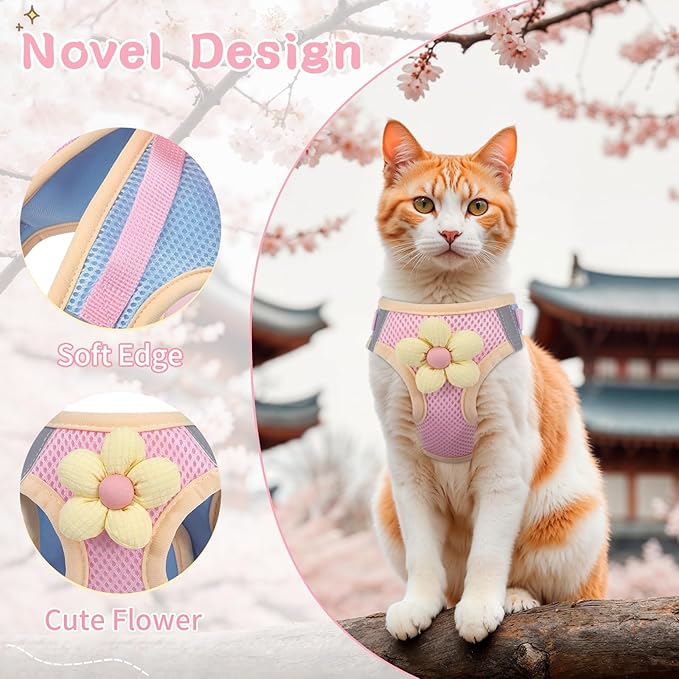Cat Harness and Leash Set for Walking Escape Proof, Adjustable Kitten Harness Breathable Mesh with Reflective Strips Harness with Flower for Kitty Puppy Bunny Pink M