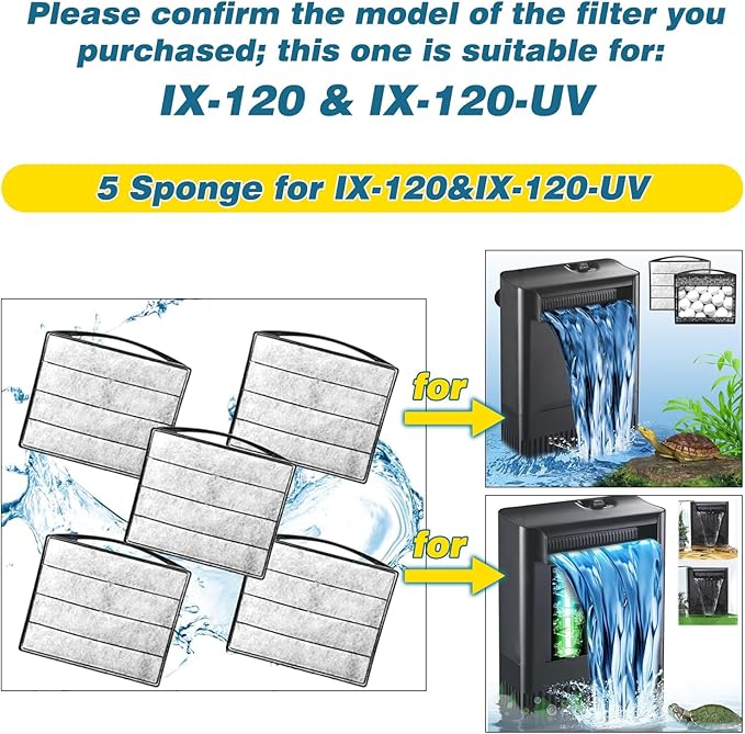 TARARIUM Turtle Tank Filters Material 5PCS Low Water Level Filters Replacement Aquarium Filters for IX-120 Filter & IX-120 U-V