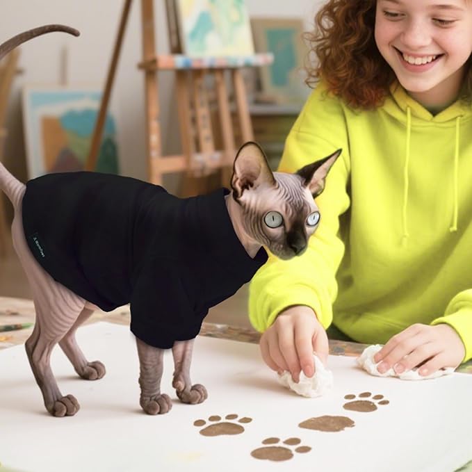 Fleece Sphynx Cat Clothes Soft Hairless Cat Clothes Pullover Cat Sweater for Chihuahua All Season Light and Warm Kitten Cloth for Cats Only Puppy Clothes Small Dog Sweater (Black, Small)