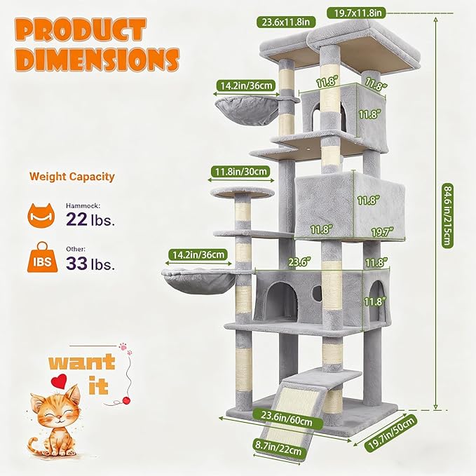 84.6" Multi-Level Tall Cat Tree Tower for Indoor Kitties Larger Cat Condo Furniture with Hammock Cozy Perches Sisal Scratching Posts XXL Pet House (84.6 inch Light Gray)