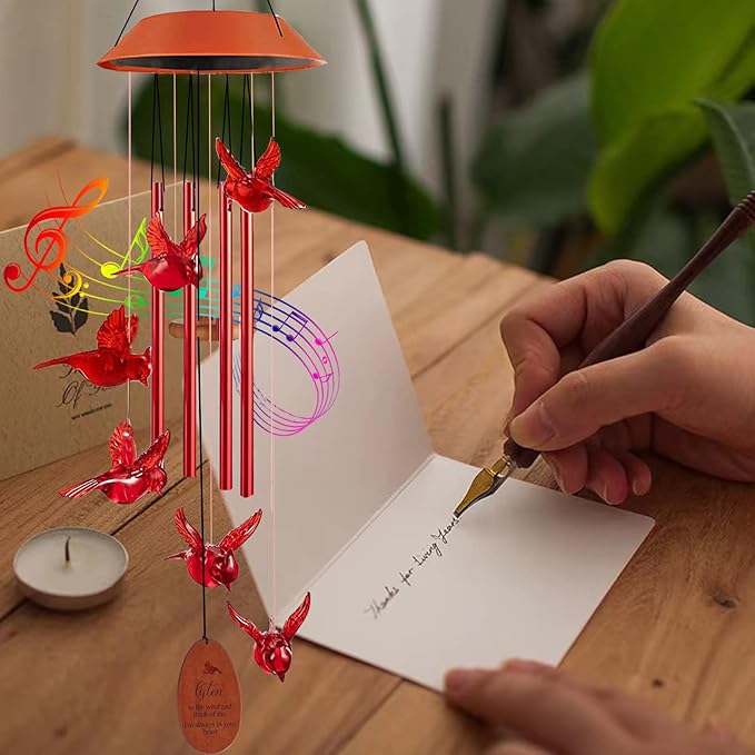 Cardinal Solar Wind Chimes Outdoor, Cardinal Bird Wind Chime Light with 4 Red Metal Tube, Cardinal Gifts for Women Mom Grandma, Birthday Gifts Memorial Sympathy Gift