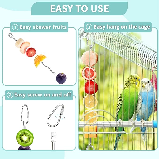 2 Pcs Bird Feeder Bowls with 3 Pcs Food Holder for Cage, Parrot Food Water Bowls and Fruit Skewer Foraging Toy, Stainless Steel Bird Feeding Dish Cups for Small Animals (Silvery, 5 Pcs)