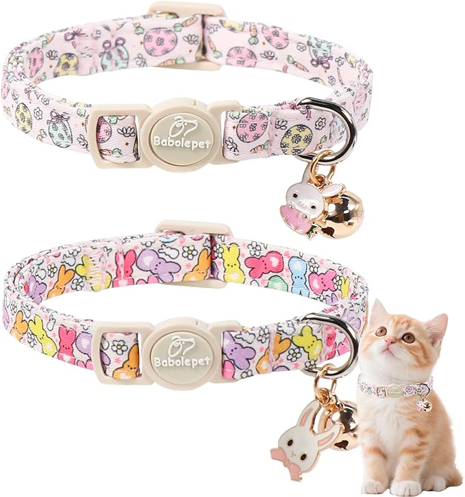 2 Pack Easter Cat Collars - Pastel Bunny&Egg Print Breakaway Easter Cat Collar with Bell & Bunny Pendant, Adjustable Cute Spring Holiday Kitten Collars for Boy Girl Cats