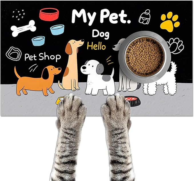 Funning My Pet Dog Pattern Dog Feeding Mat Pet Food Mat for Dogs and Cats Cute Puppy Design Pet Bowl Mat with Bone Paw and Non Slip Cat Feeding Mats for Home Kitchen Floor 20" x 12"