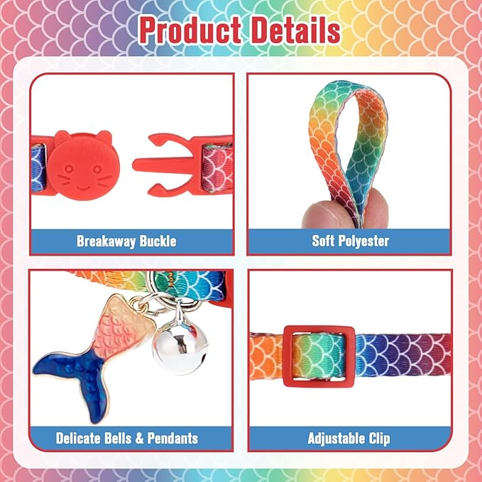 PUPTECK Cat Collars Breakaway with Bell - Summer Fish Scale Pattern Pet Collar 3 Pack for Kittens Puppies and Small Pets