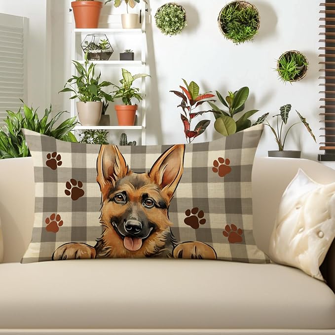 German Shepherd Dog Lumbar Decorative Throw Pillow Cover 12x20, Rectangular Paw Prints Outdoor Home Decor Pet Owner Lover Gift, Farmhouse Buffalo Plaid Sofa Couch Cushion Case Housewarming Gifts